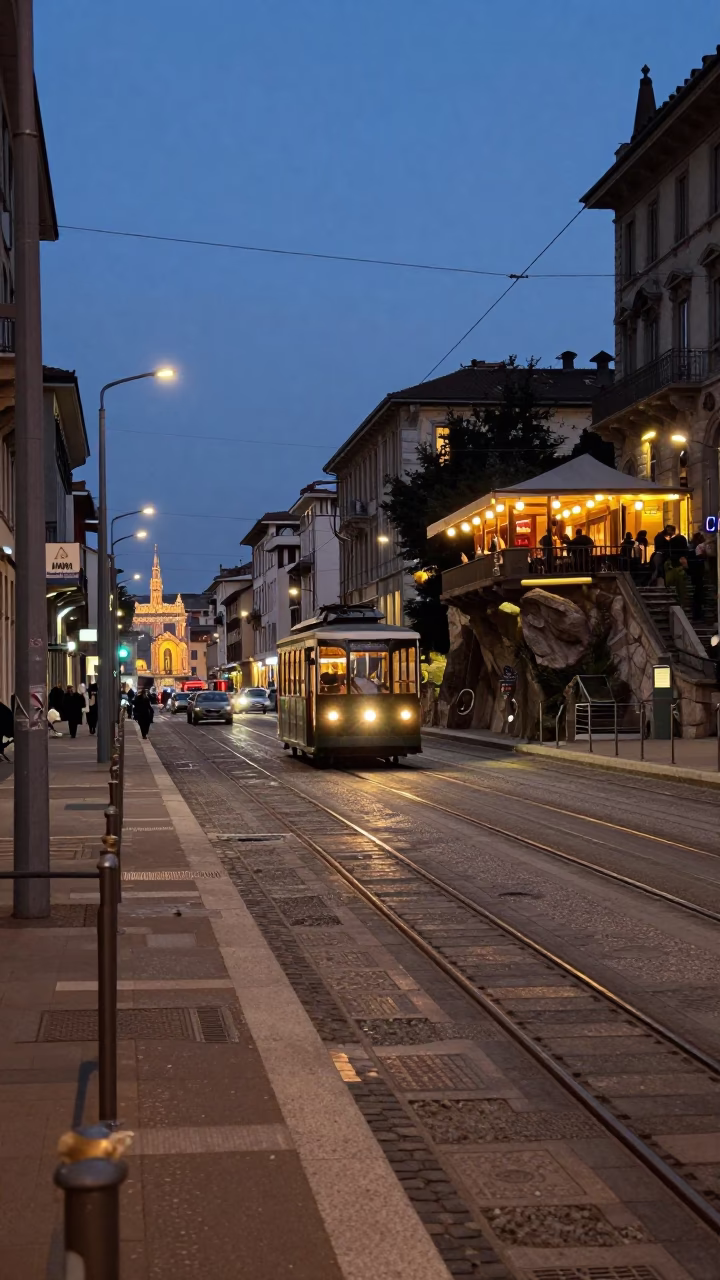 Milan Evening Street Scene with Funicular Railway and Urban Lights in in Milan, Italy