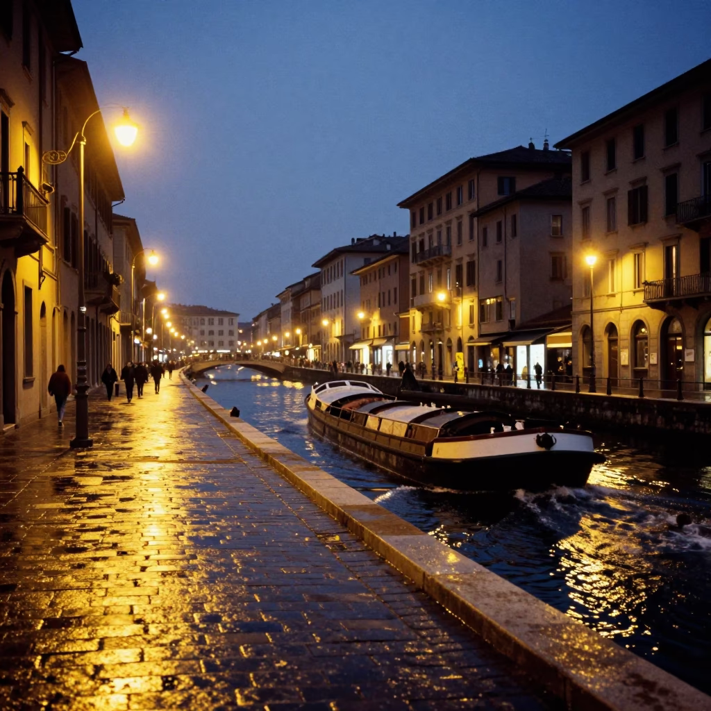 Milan Evening Street Scene with Neon Glow and Historic Architecture in in Milan, Italy
