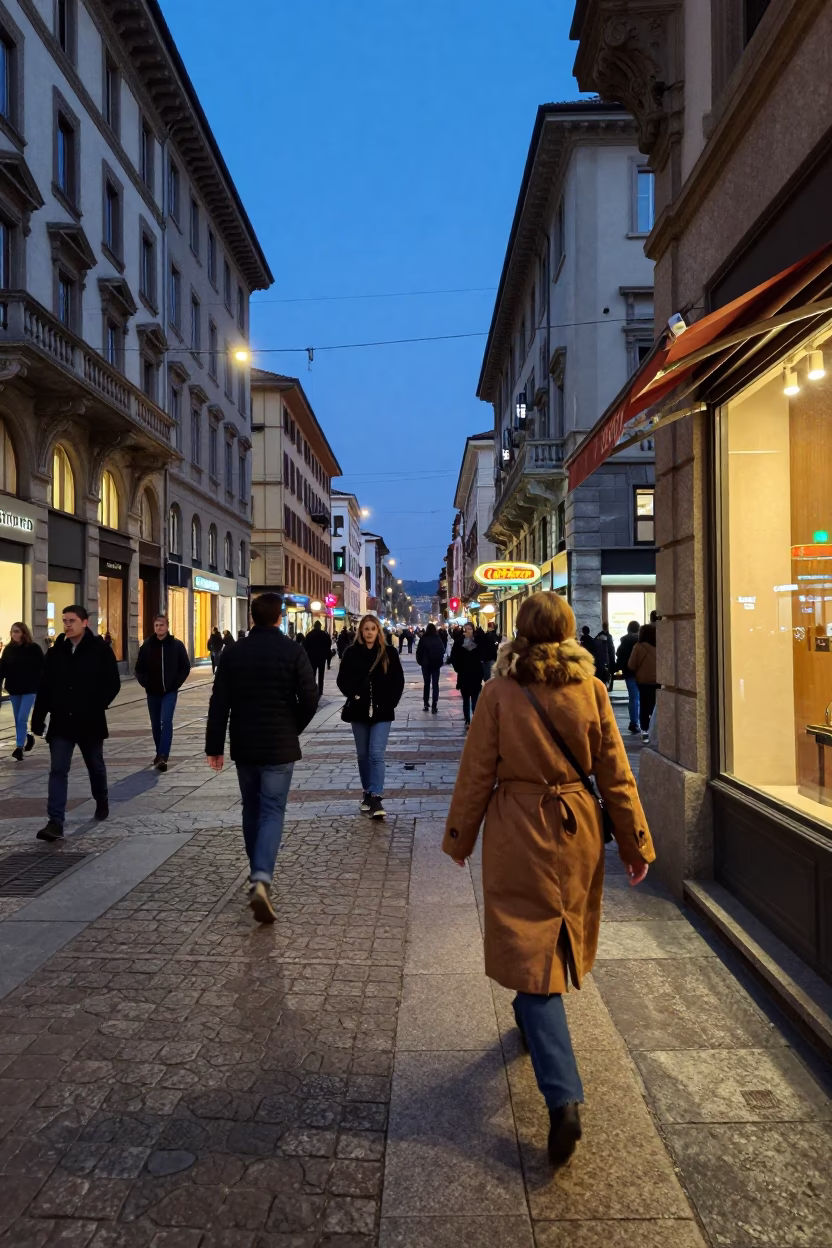 Milan Evening Street Scene with Neon Lights and Urban Details in in Milan, Italy