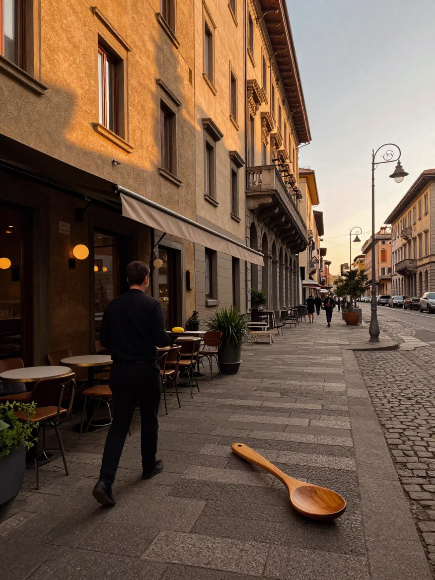 Milan Evening Street Scene with Olive Wood Spoon and Rust Drain Details in in Milan, Italy