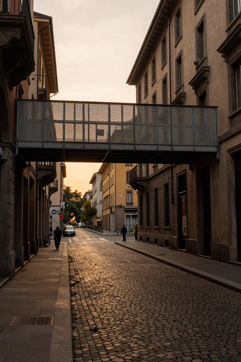Milan Evening Street Scene with Perforated Metal Overpass and Wet Footsteps in in Milan, Italy