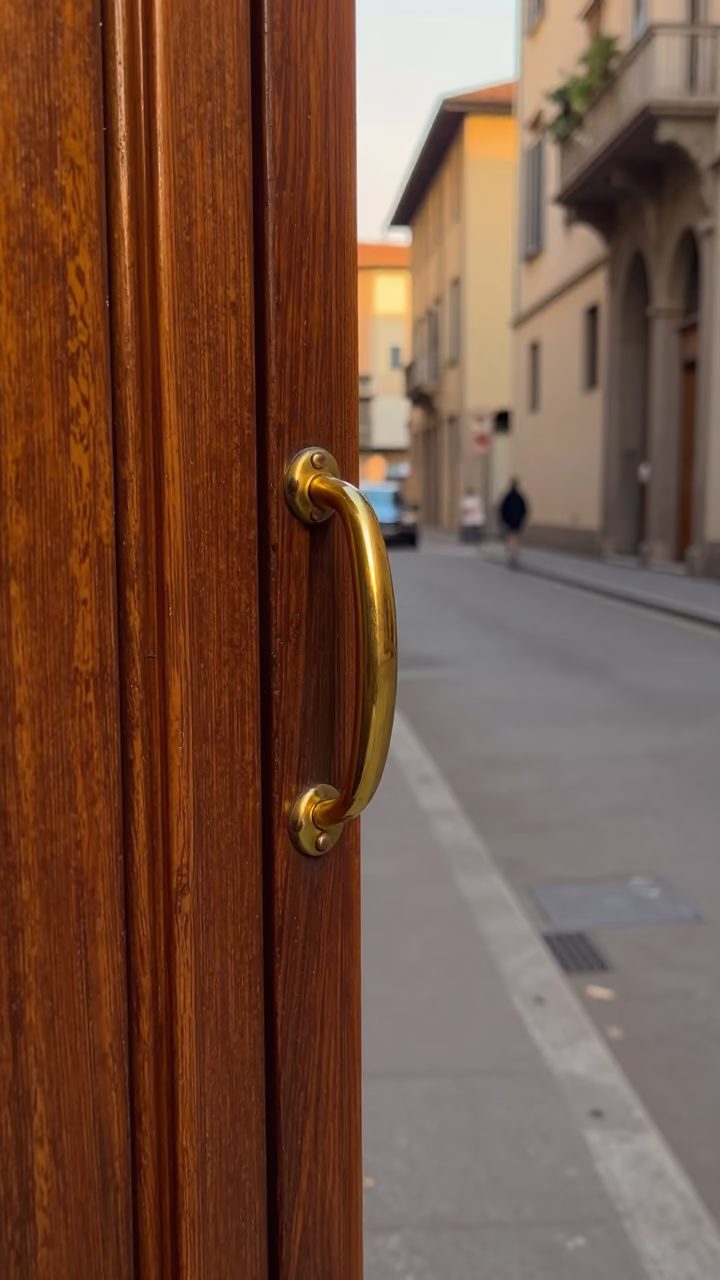 Milan Evening Street Scene with Polished Brass Handle and Linen Fringe Cabinet Detail in in Milan, Italy