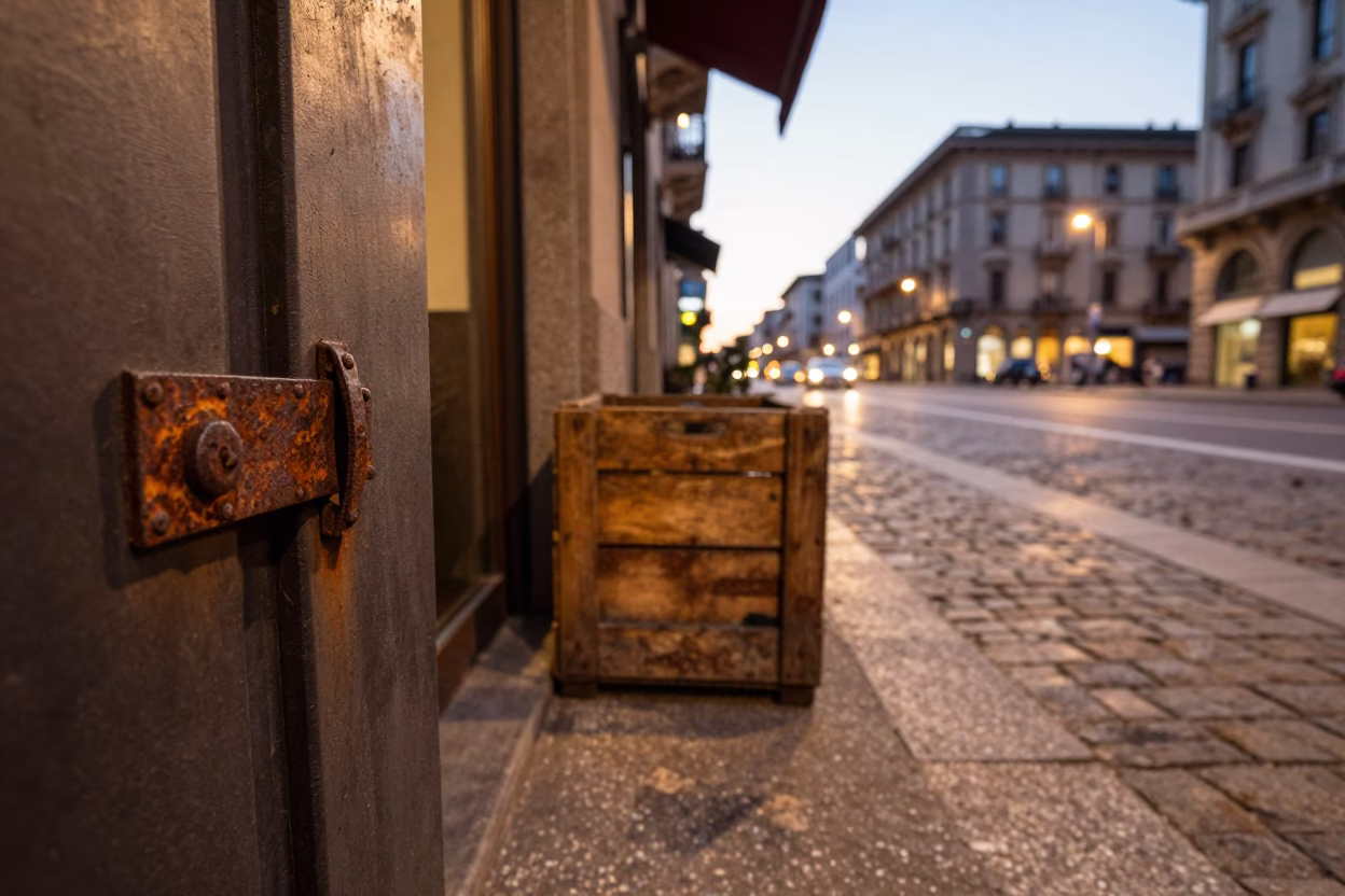 Milan Evening Street Scene with Rusty Cabinet Latch and Basket Tray in in Milan, Italy