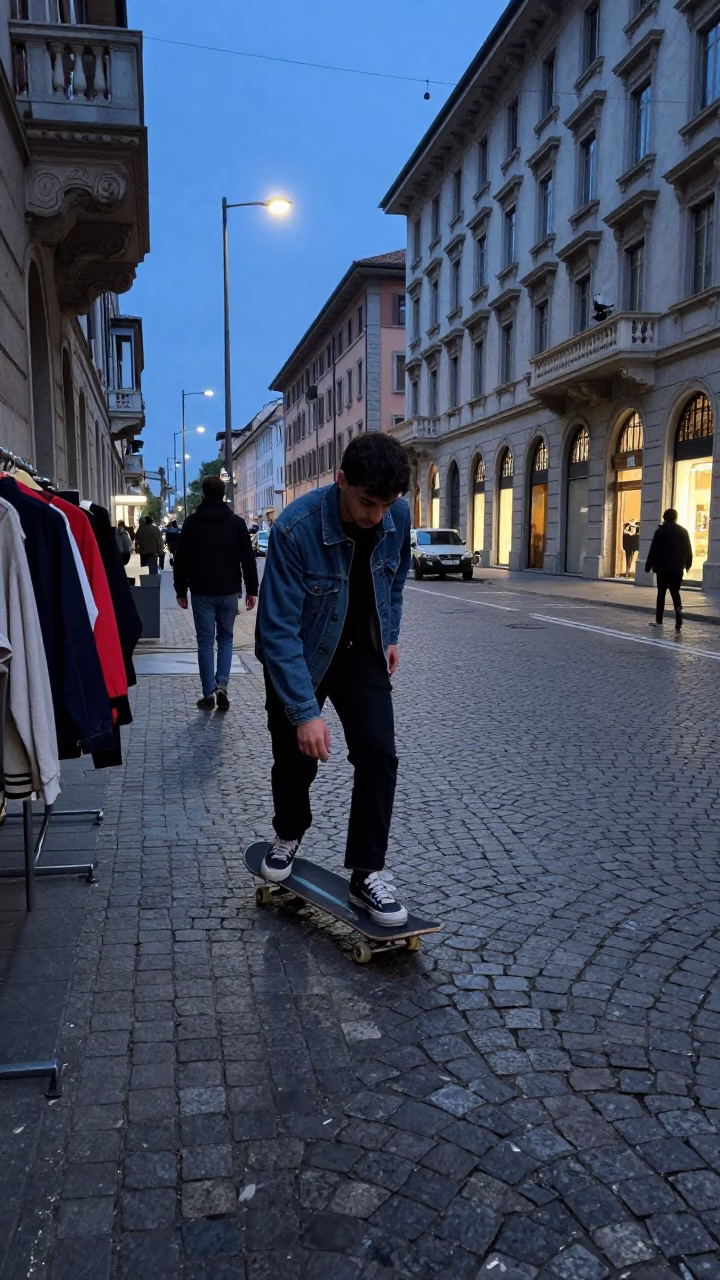 Milan Evening Street Scene with Skateboarder and Vintage Clothing Store Display in in Milan, Italy