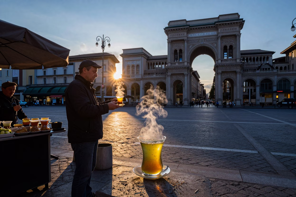 Milan Evening Street Scene with Steaming Genmaicha Tea and Urban Life in in Milan, Italy