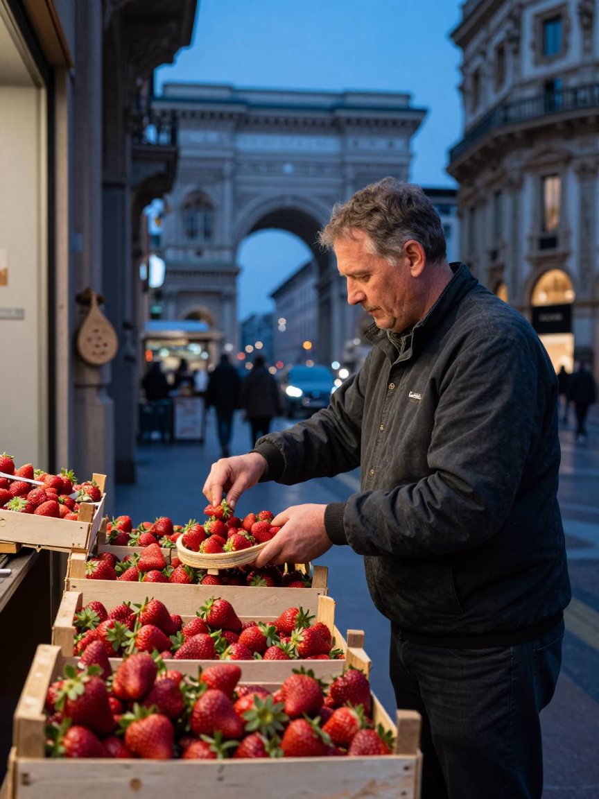 Milan Evening Street Scene with Strawberries and Tambourine in Last Blue Light in in Milan, Italy