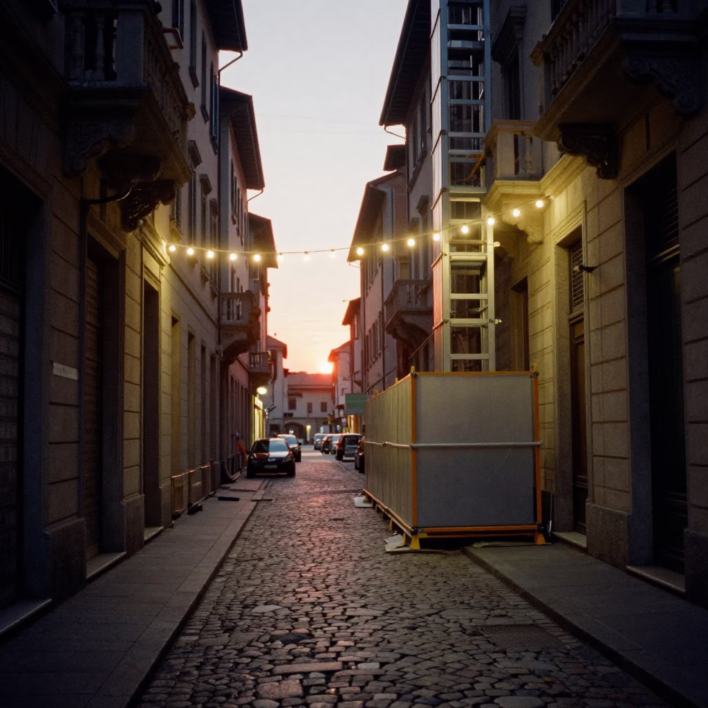 Milan Evening Street Scene with String Lights and Construction Gate at Sunset in in Milan, Italy