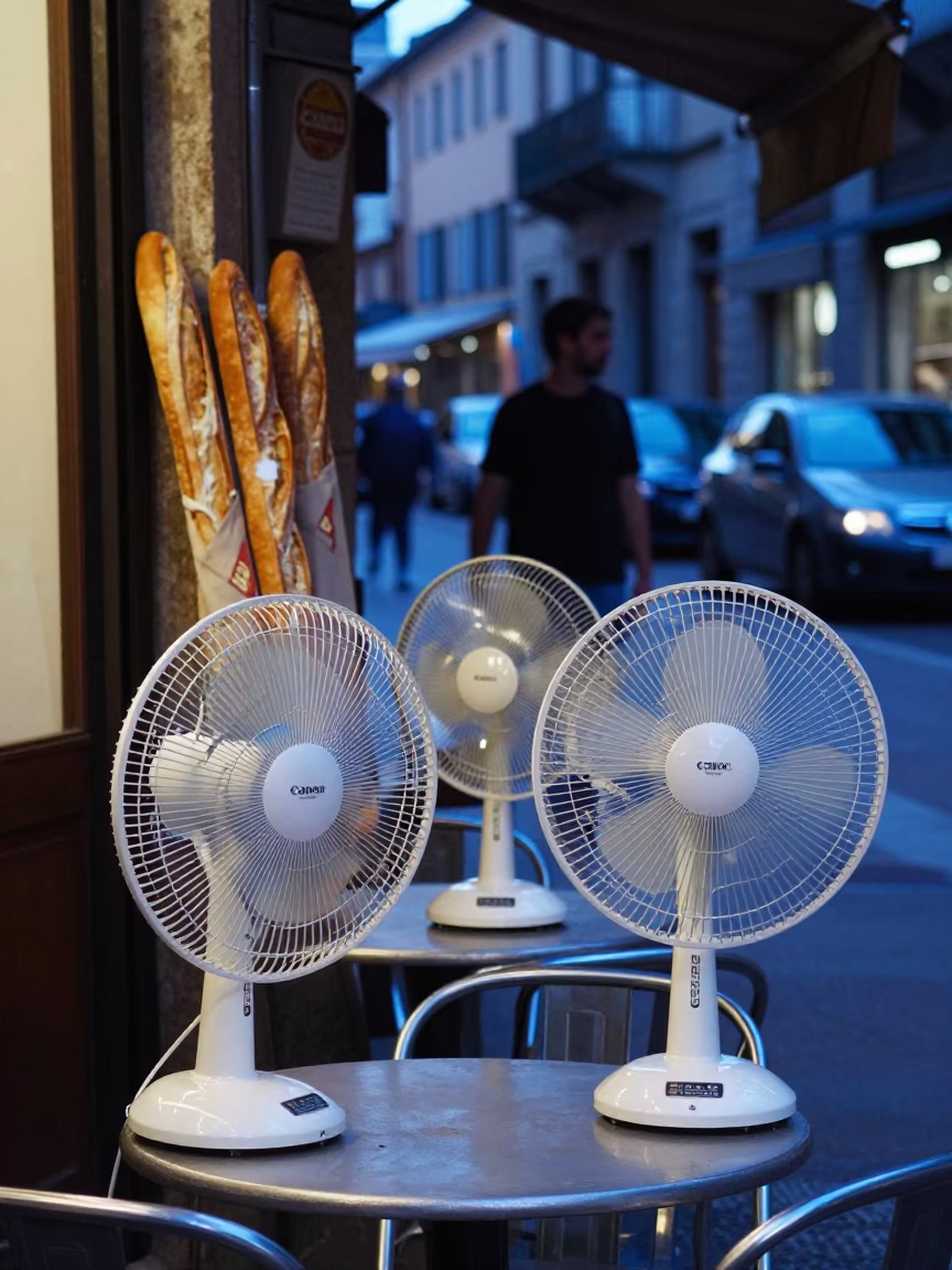 Milan Evening Street Scene with Table Fans and Baguettes in Blue Hour Light in in Milan, Italy