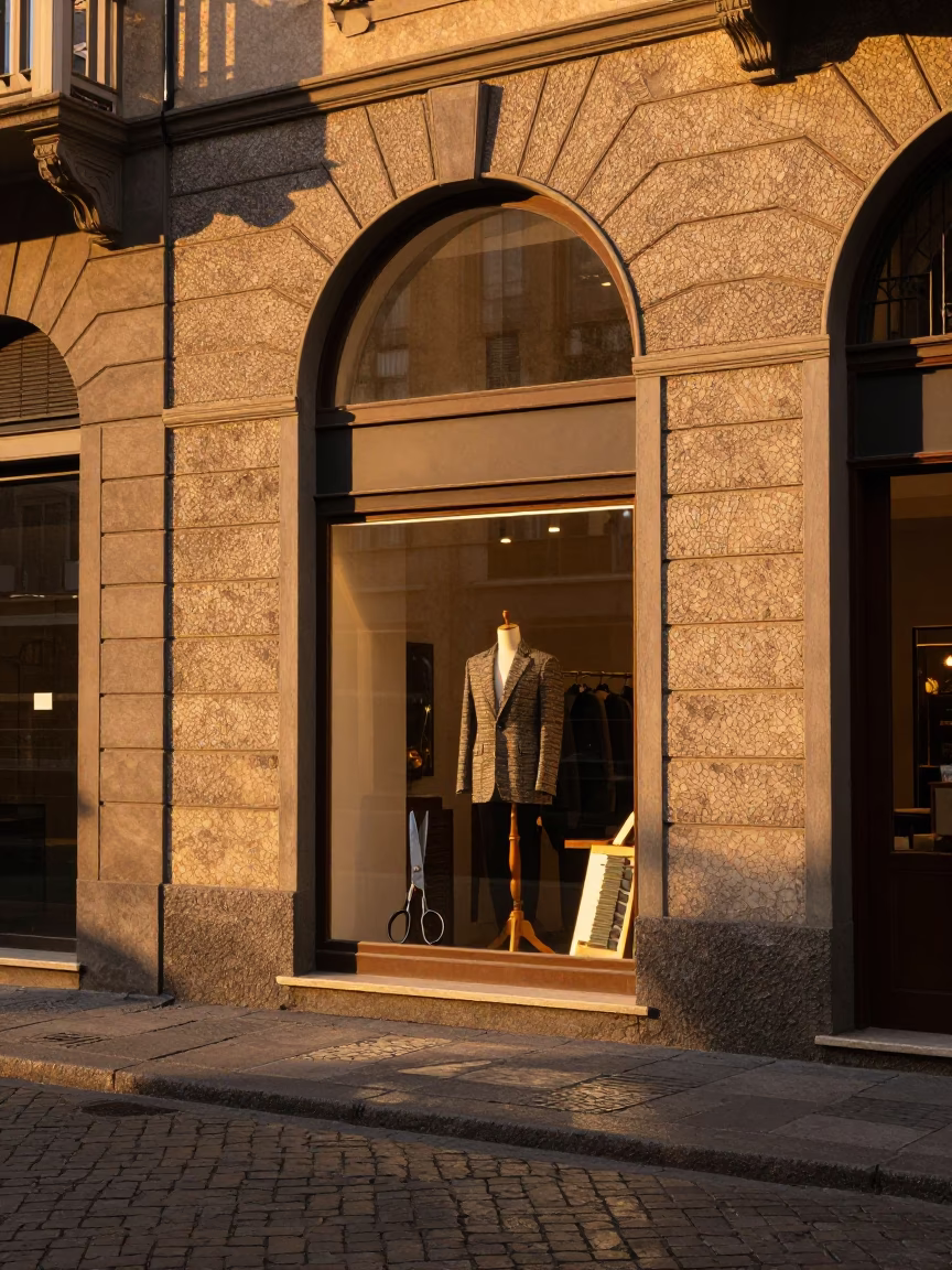 Milan Evening Street Scene with Tailor Shears and Vintage Urban Details in Honeyed Light in in Milan, Italy