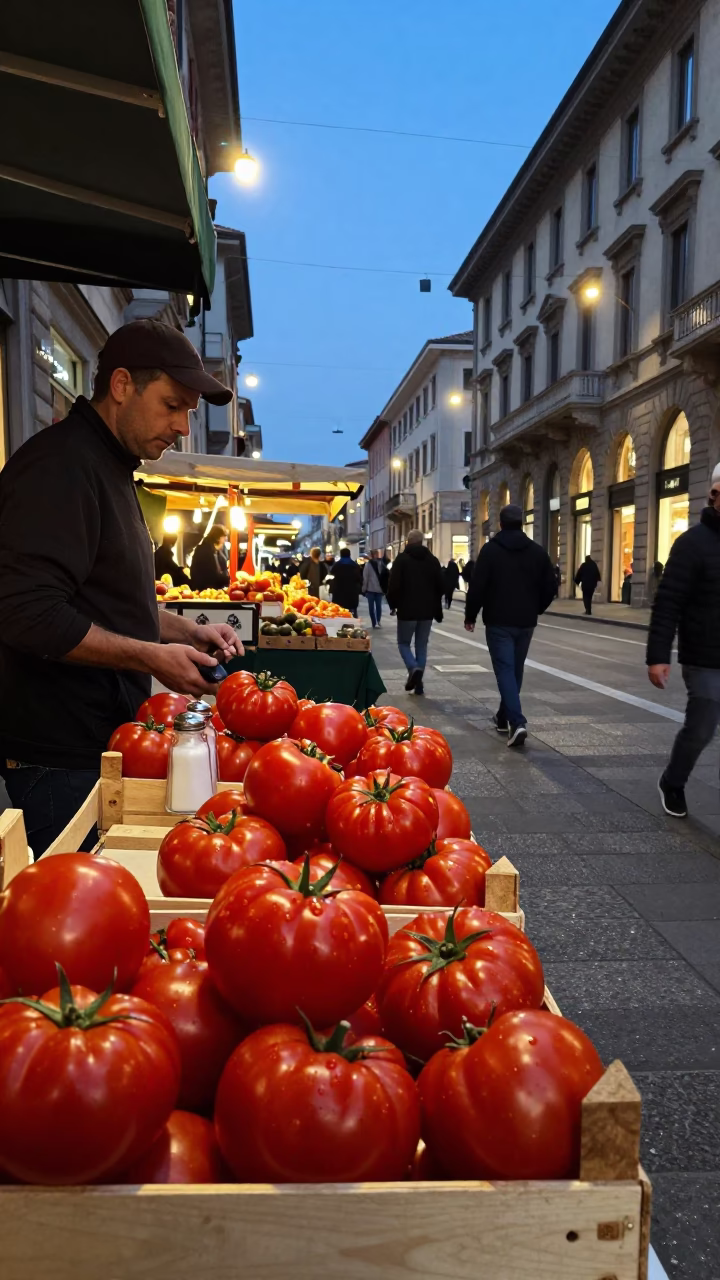 Milan Evening Street Scene with Tomatoes and Salt Shaker in in Milan, Italy