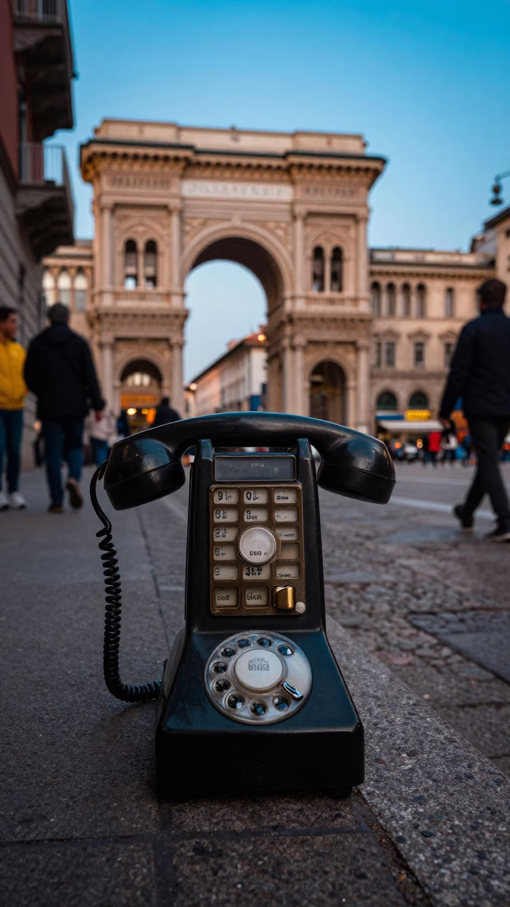 Milan Evening Street Scene with Vintage Bakelite Telephone and Local Interaction in in Milan, Italy