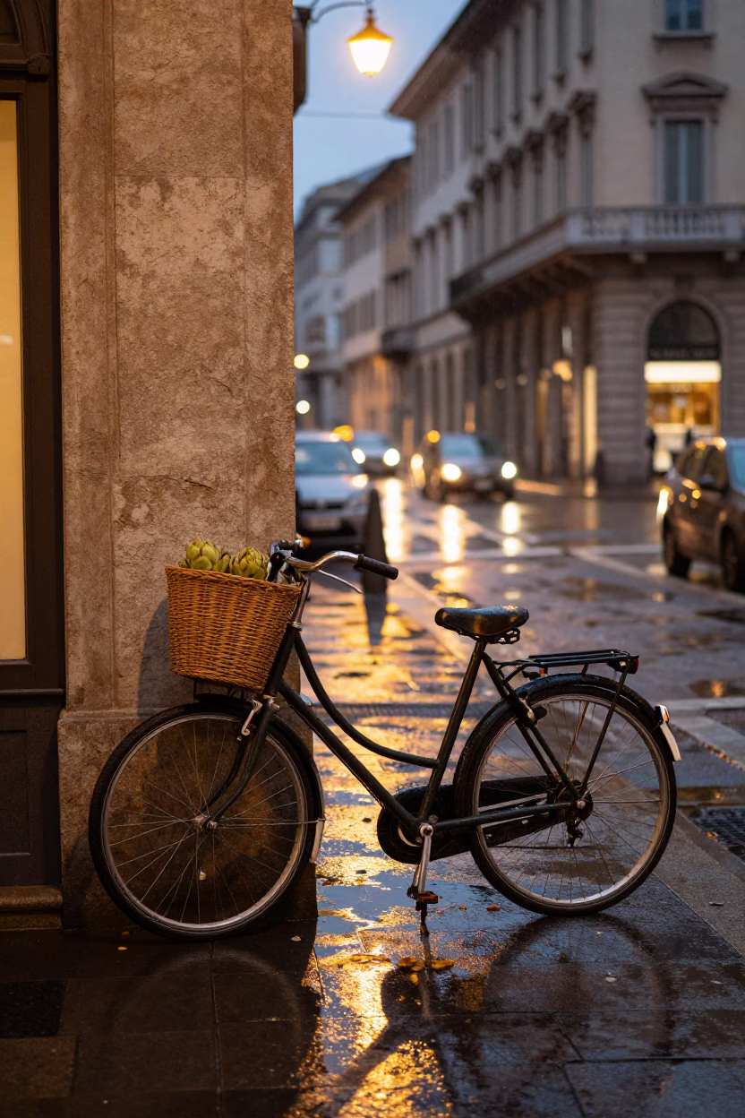 Milan Evening Street Scene with Vintage Bicycle and Artichokes Near University Cloister in in Milan, Italy