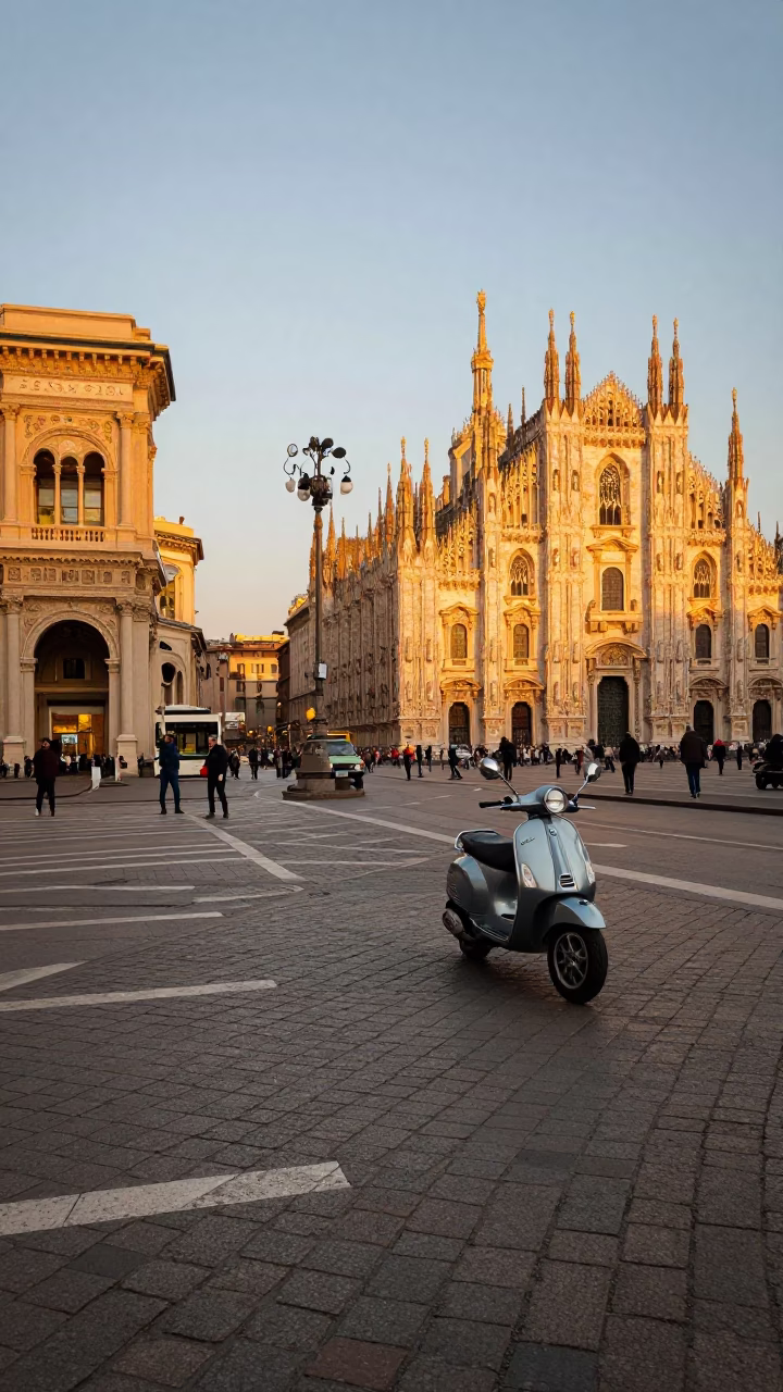 Milan Evening Street Scene with Vintage Car and Cobblestones in Honeyed Light in in Milan, Italy
