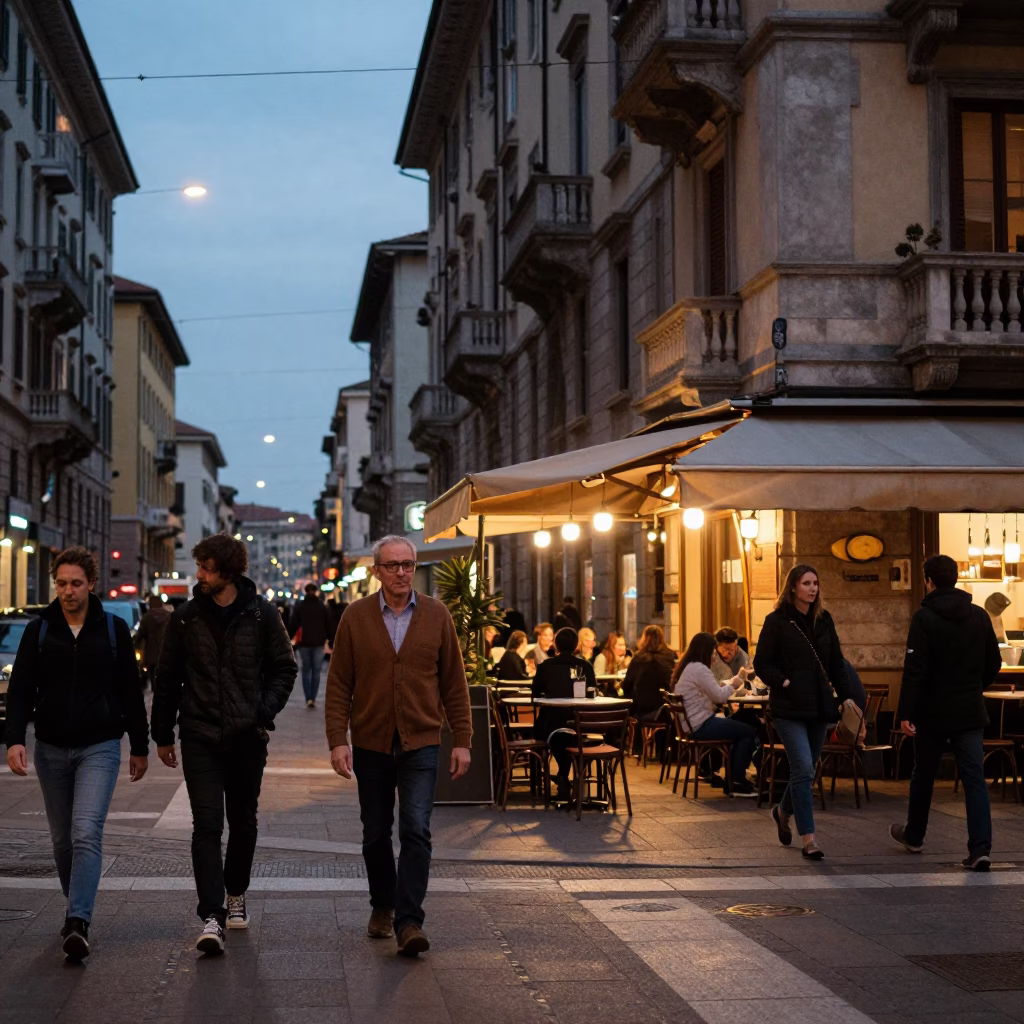 Milan Evening Street Scene with Vintage Cardigans and Urban Lights in in Milan, Italy