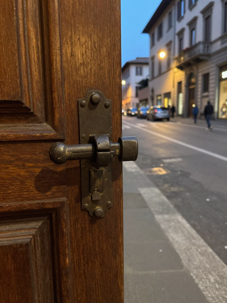 Milan Evening Street Scene with Vintage Latch and Modern City Lights in in Milan, Italy