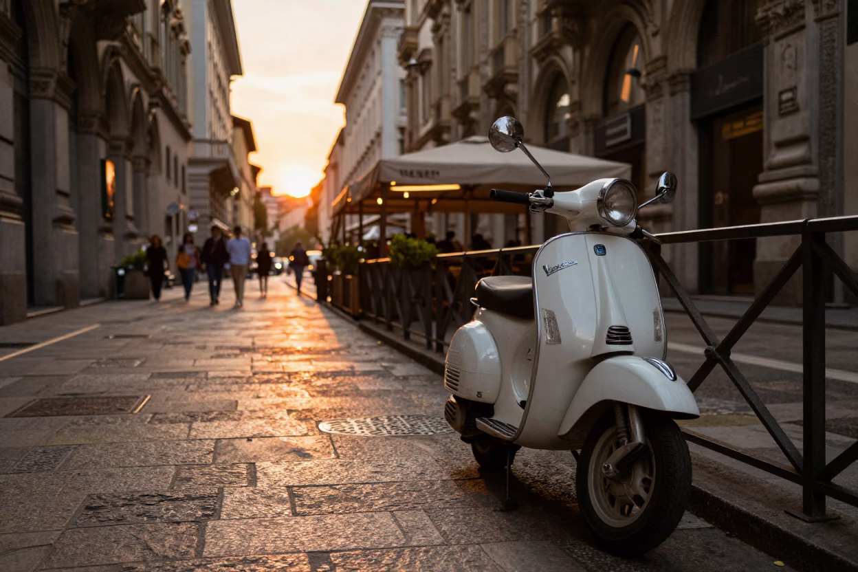 Milan evening street scene with vintage scooter and cafe cups in in Milan, Italy