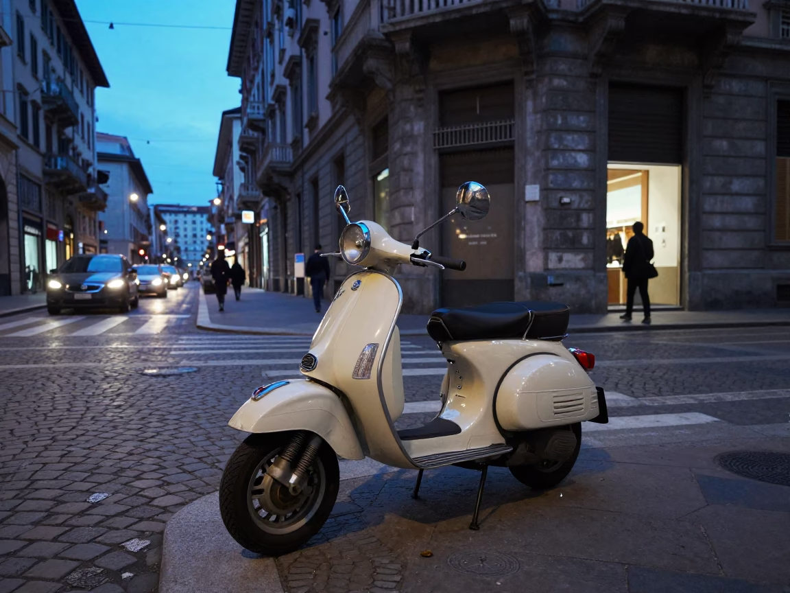 Milan evening street scene with vintage scooter and historic architecture in twilight in in Milan, Italy