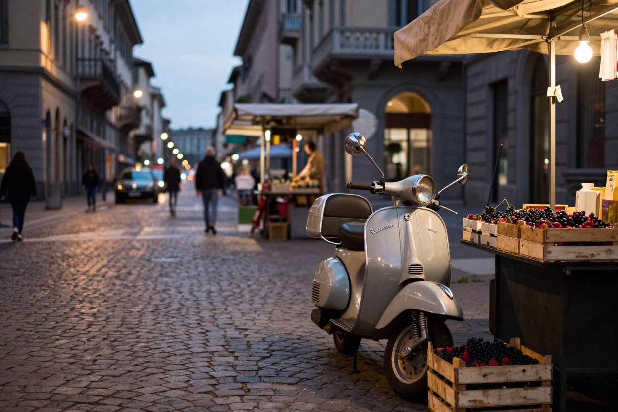 Milan Evening Street Scene with Vintage Scooter and Local Market Produce in in Milan, Italy