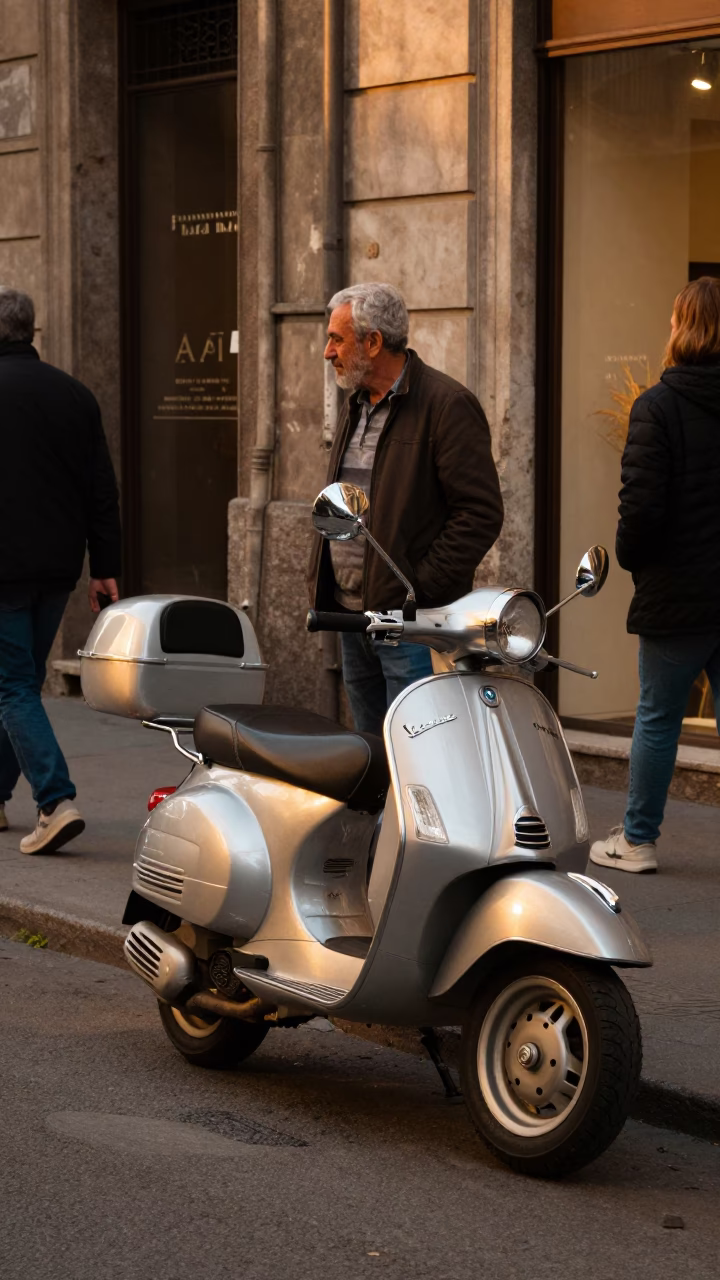 Milan Evening Street Scene with Vintage Scooter and Shopkeeper Ledger in Honeyed Light in in Milan, Italy