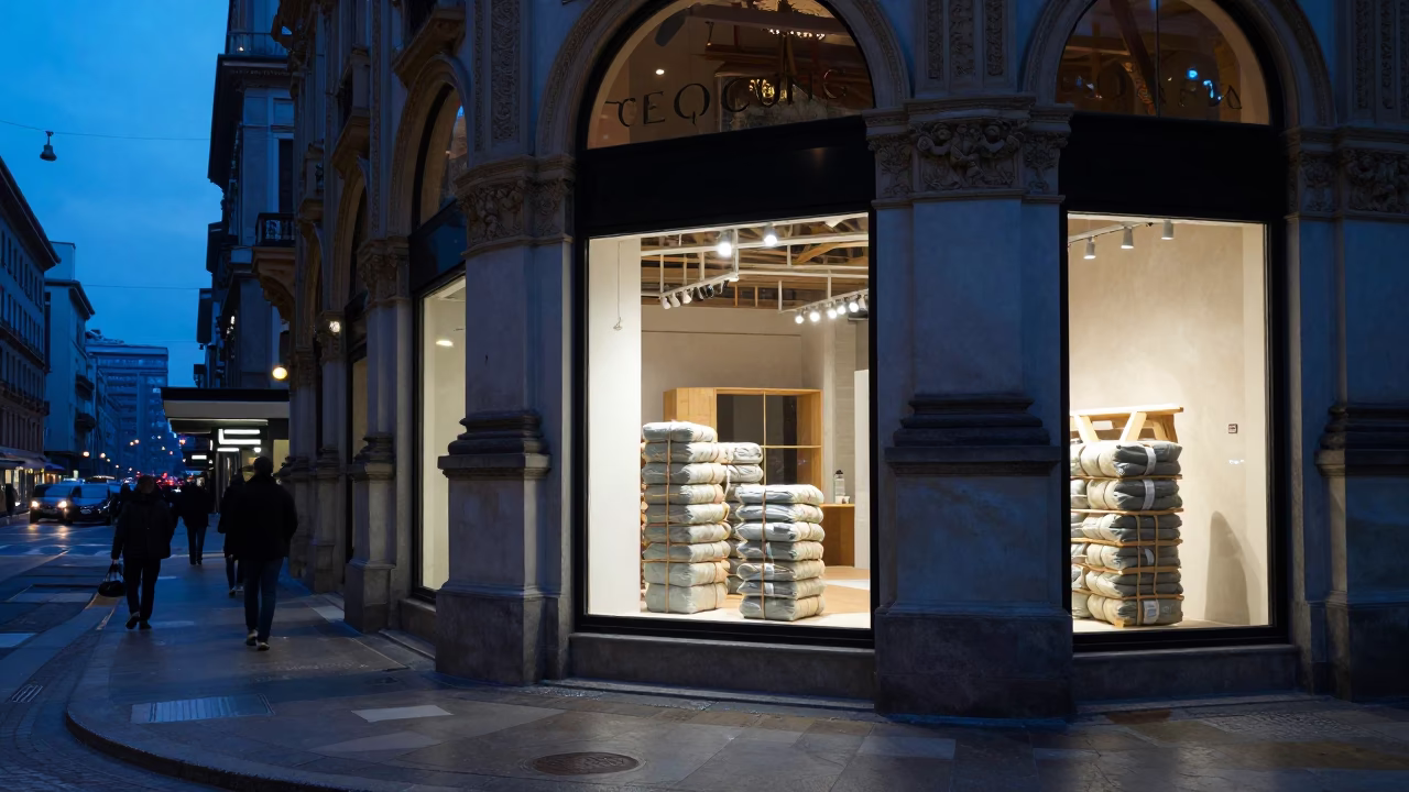 Milan Evening Street Scene with Vintage Shop Display and Local Pedestrians in in Milan, Italy