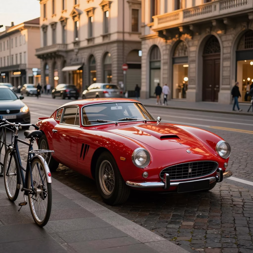 Milan Evening Street Scene with Vintage Sports Car and Bicycle in Honeyed Light in in Milan, Italy