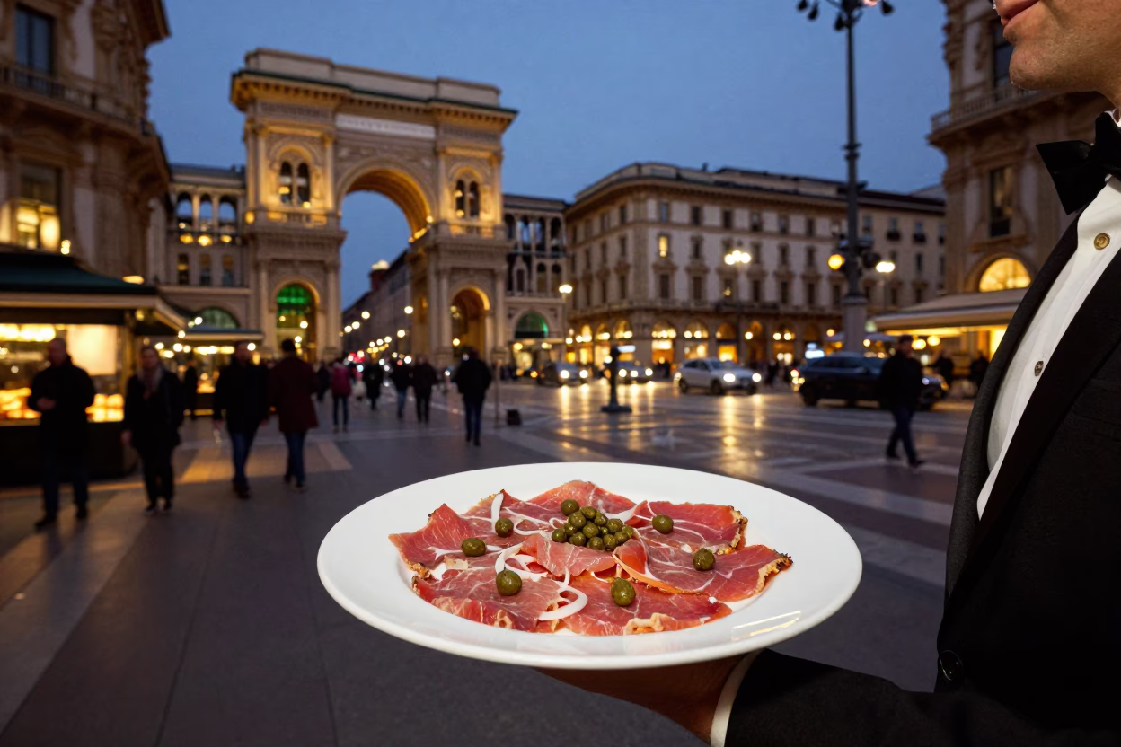 Milan Evening Street Scene with Vitello Tonnato and Brass Door Latch in in Milan, Italy