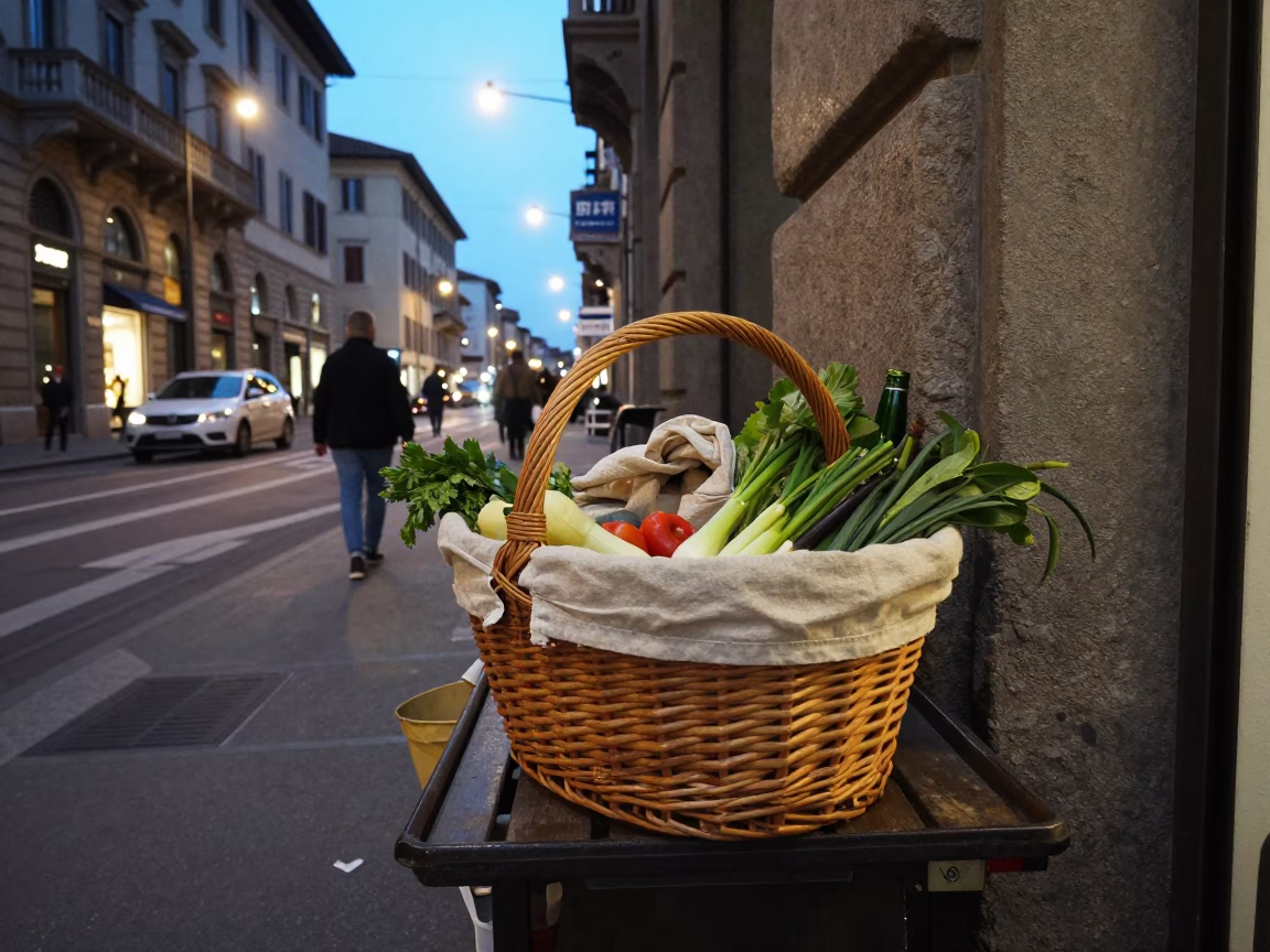 Milan evening street scene with wicker basket and linen fringe at twilight in in Milan, Italy