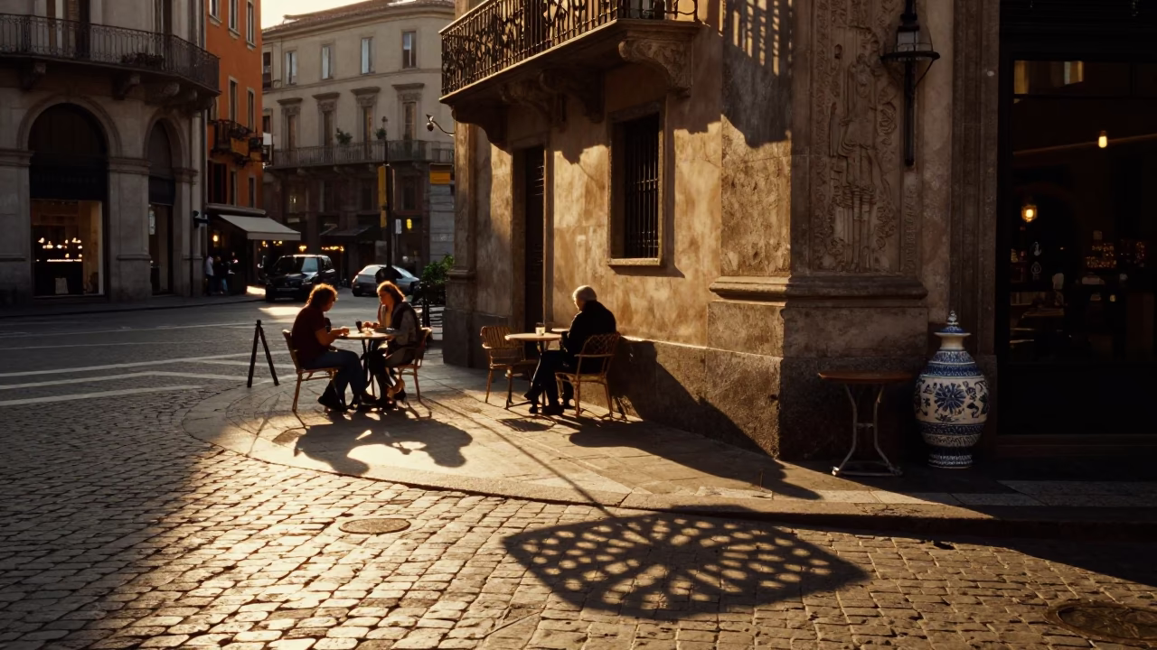 Milan Evening Street Scene with Wicker Shadow and Ceramic Plate in Honeyed Light in in Milan, Italy