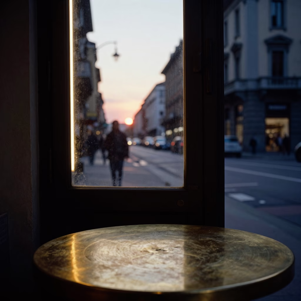 Milan Evening Street Scene with Window Light and Brass Tabletop in in Milan, Italy