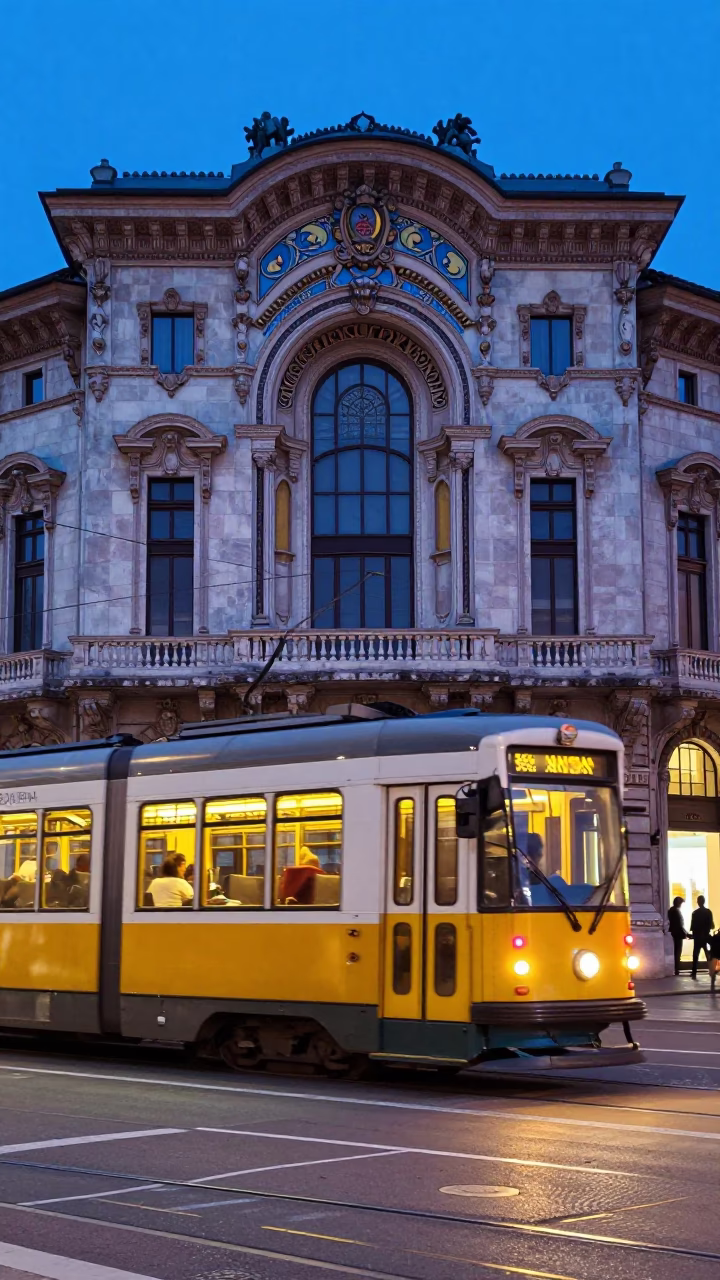 Milan Evening Tram Art Nouveau Facade High Fashion Colorful 1980s in in Milan, Italy