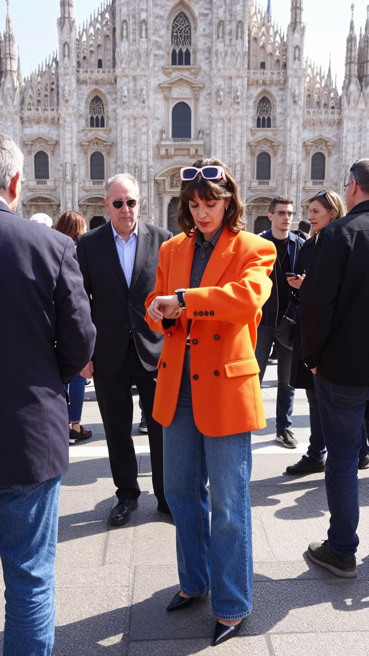 Milan Fashion Week 1990s Street Style in Bright Midmorning Light in in Milan, Italy
