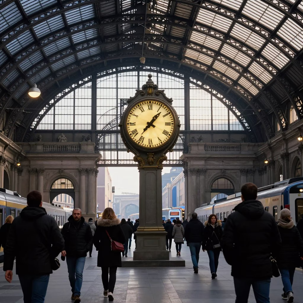 Milan First Light Street Scene with Train Station Clock and Zinnias in in Milan, Italy