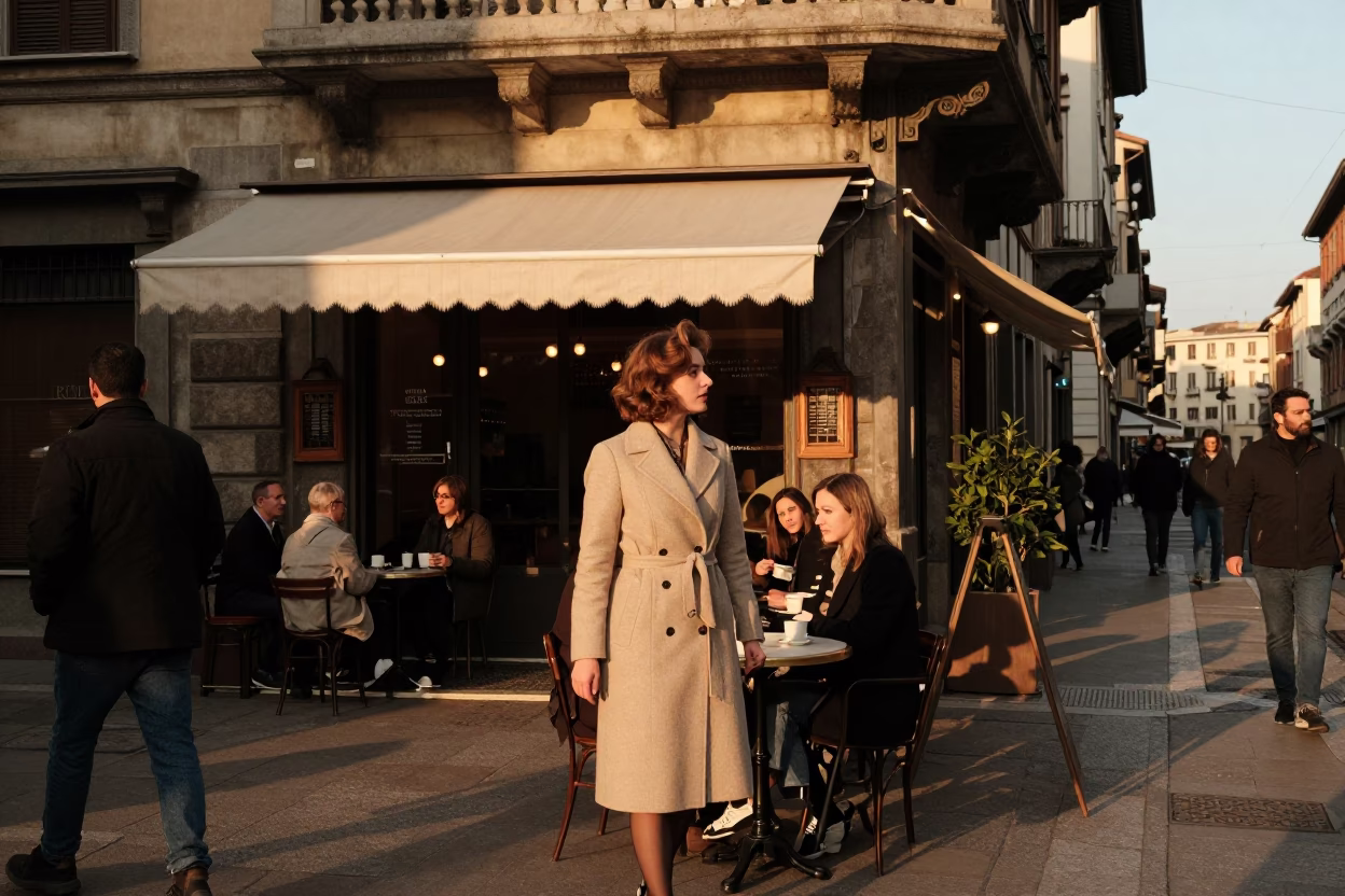 Milan Golden Hour Street Scene with Linen Fringe and Vintage Ambiance in in Milan, Italy