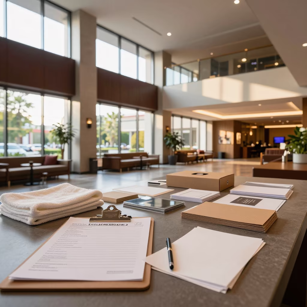 Milan Hotel Lobby Housekeeping Clipboard with Linen in inside a hotel lobby in Milan