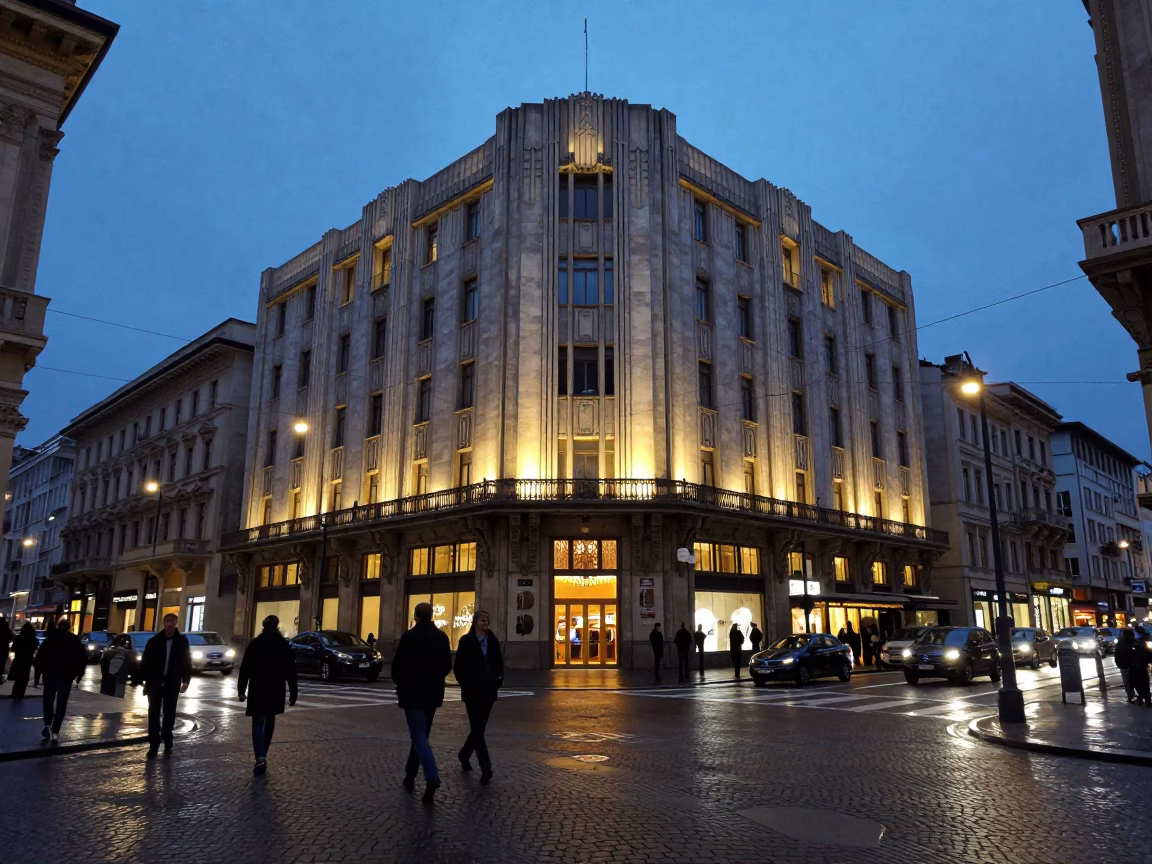 Milan Indigo Twilight Street Scene with Art Deco Facade and Busy Urban Life in in Milan, Italy