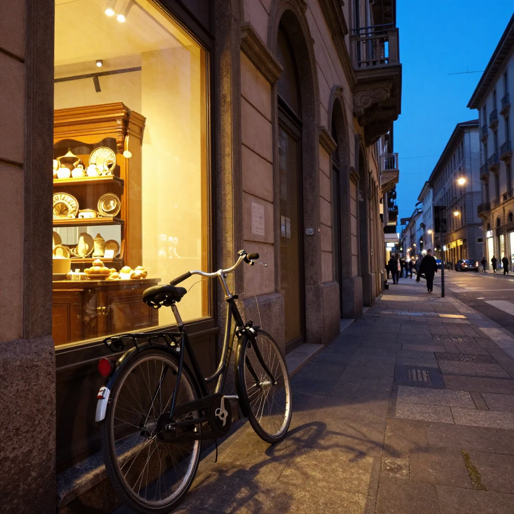 Milan indigo twilight street scene with bicycle and bakery storefront in in Milan, Italy