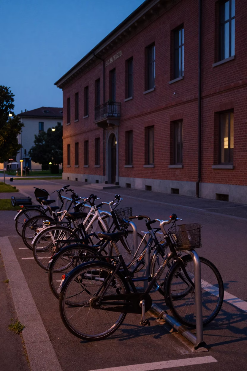 Milan Indigo Twilight Street Scene with Bicycle Rack and Urban Details in in Milan, Italy