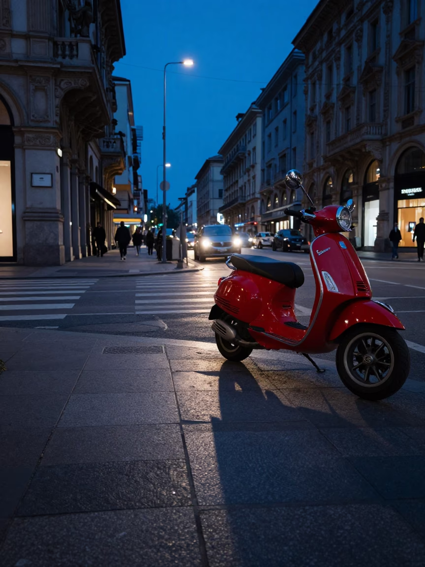 Milan Indigo Twilight Street Scene with Vespa Reflection and Urban Details in in Milan, Italy