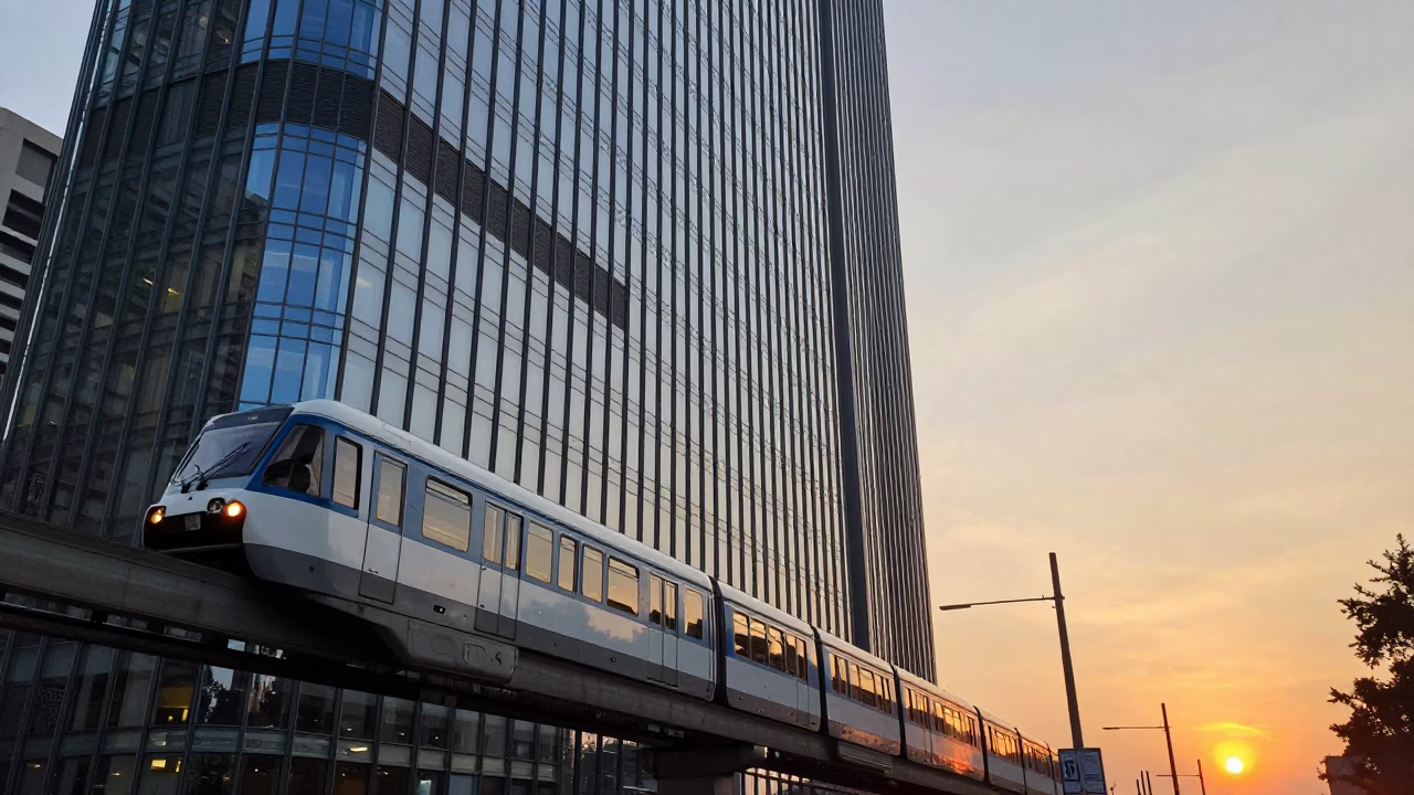 Milan Italy 1960s Monorail Reflected in Glass Skyscraper at Sunset in in Milan, Italy