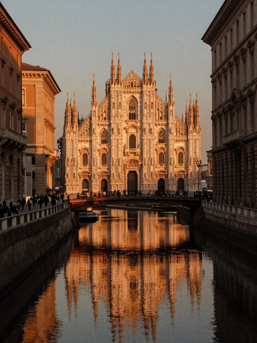 Milan Italy Before Dusk Copper Light Gothic Bridge Canal Scene in in Milan, Italy