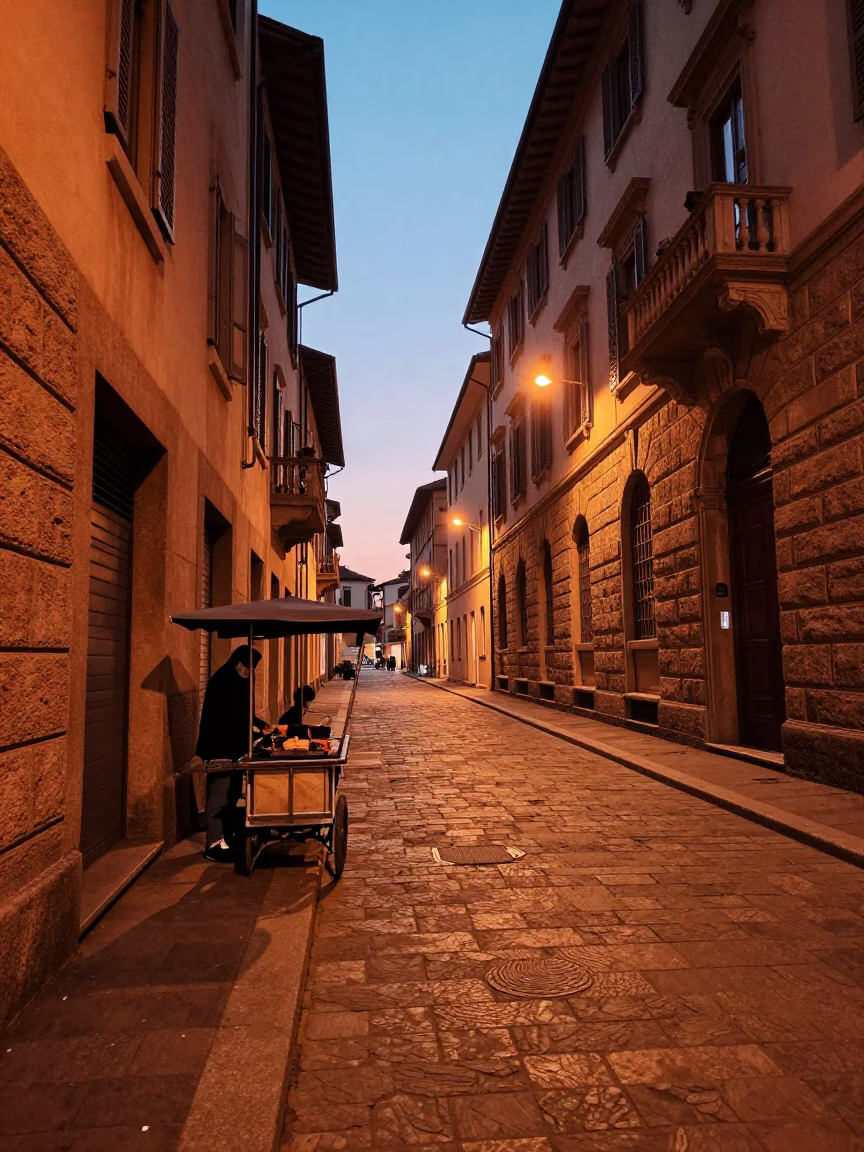 Milan Italy Before Dusk Copper Light Street Scene with Terracotta Pots and Local Life in in Milan, Italy