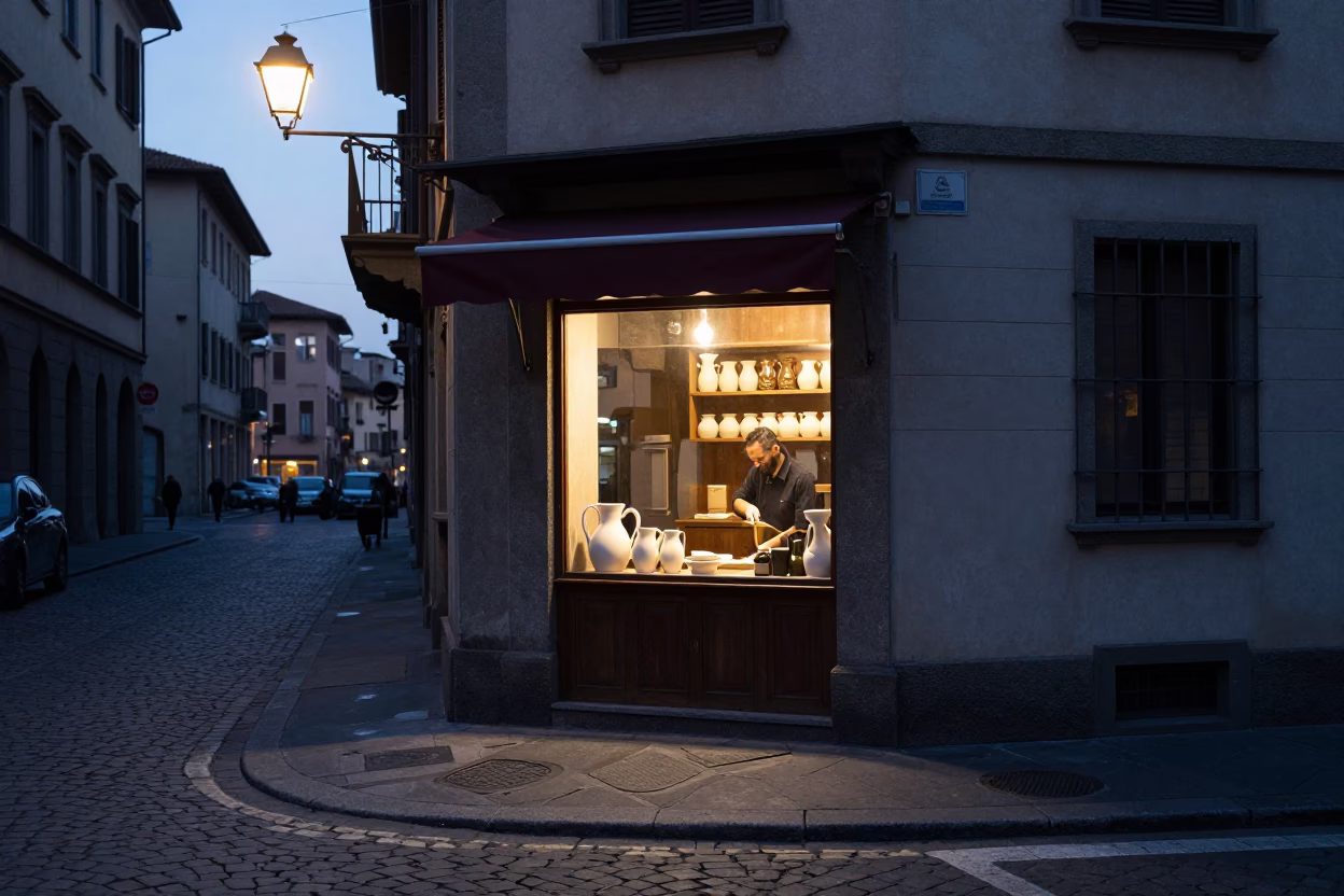 Milan Italy Before Sunrise Street Scene with Ceramic Pitcher and Hurricane Lamp in in Milan, Italy