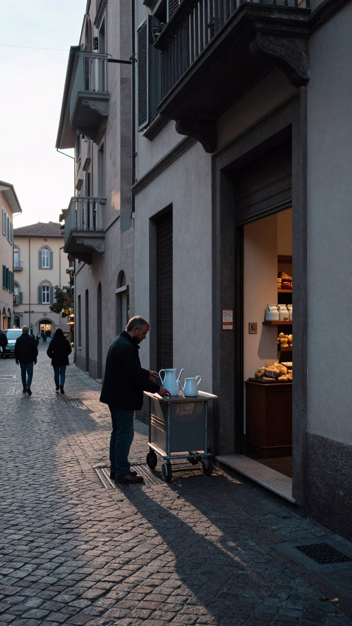 Milan Italy Before Sunrise Street Scene with Enamel Pitcher and Garden Rake in in Milan, Italy