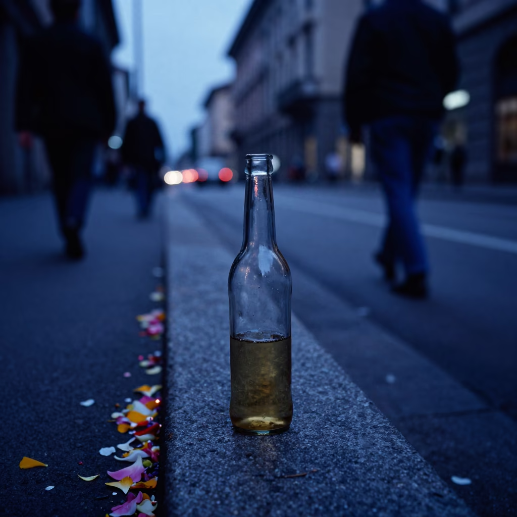Milan Italy Blue Hour Street Scene with Bottle and Flower Petals in in Milan, Italy