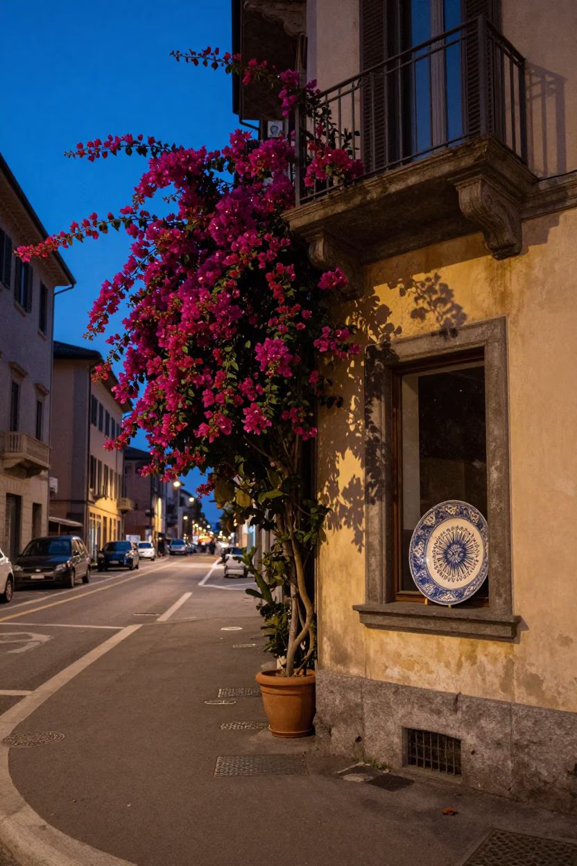 Milan Italy Blue Hour Street Scene with Bougainvillea and Vintage Details in in Milan, Italy