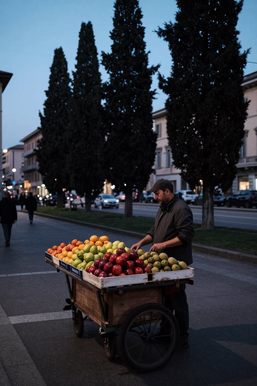 Milan Italy Blue Hour Street Scene with Cherry Vendor and Cypress Trees in in Milan, Italy