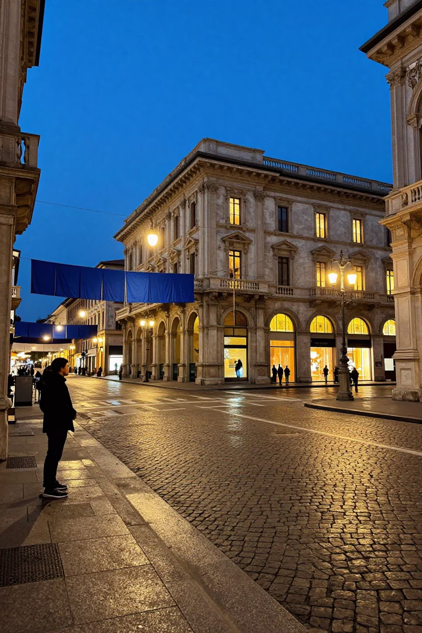 Milan Italy Blue Hour Street Scene with Indigo Fabric and Lanterns in in Milan, Italy