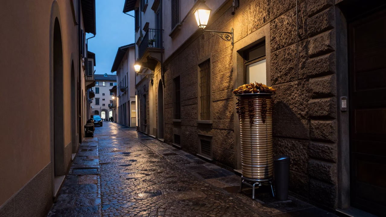 Milan Italy Blue Hour Street Scene with Lantern and Kebab Plate in in Milan, Italy