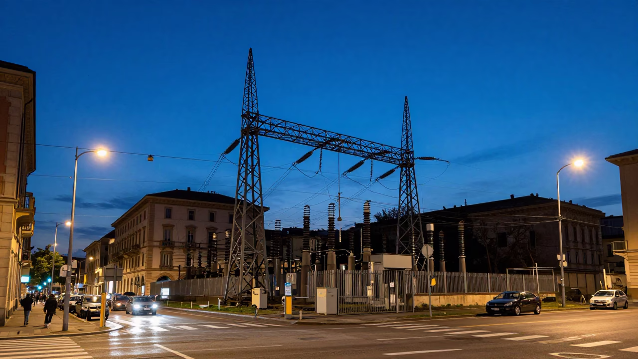 Milan Italy Blue Hour Street Scene with Power Substation and Urban Life in in Milan, Italy