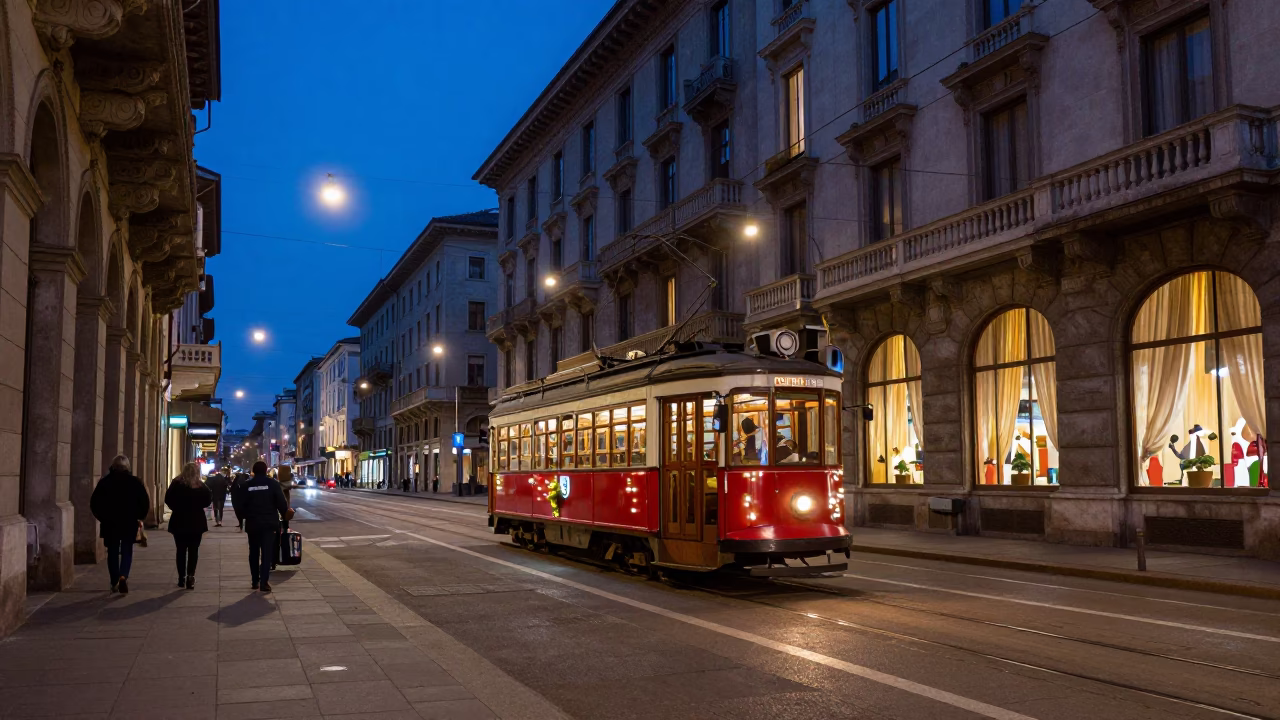 Milan Italy Blue Hour Street Scene with Tramcar and Window Curtains in in Milan, Italy